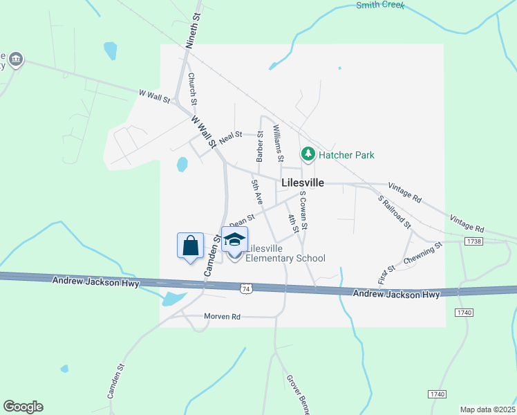 map of restaurants, bars, coffee shops, grocery stores, and more near 114 5th St in Lilesville