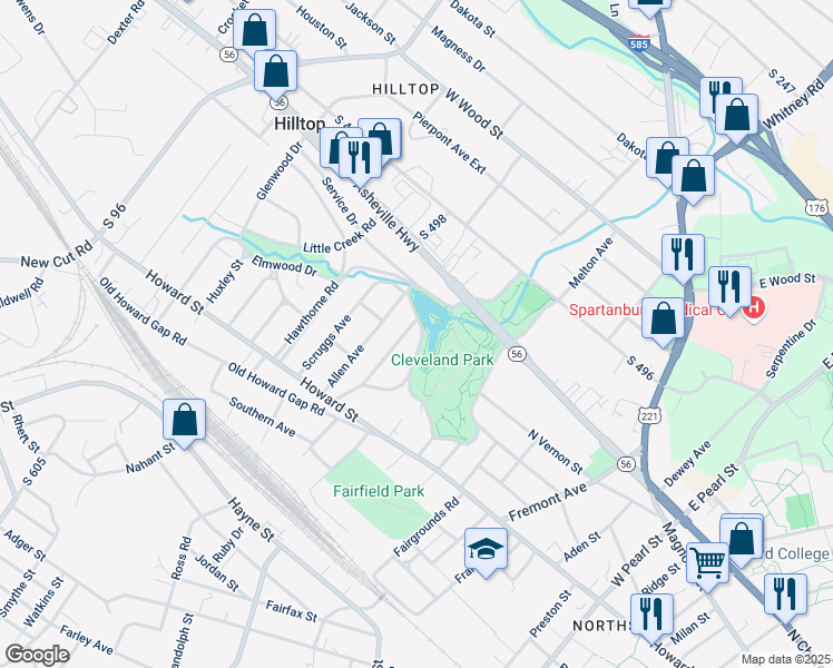 map of restaurants, bars, coffee shops, grocery stores, and more near 150 North Cleveland Park Drive in Spartanburg