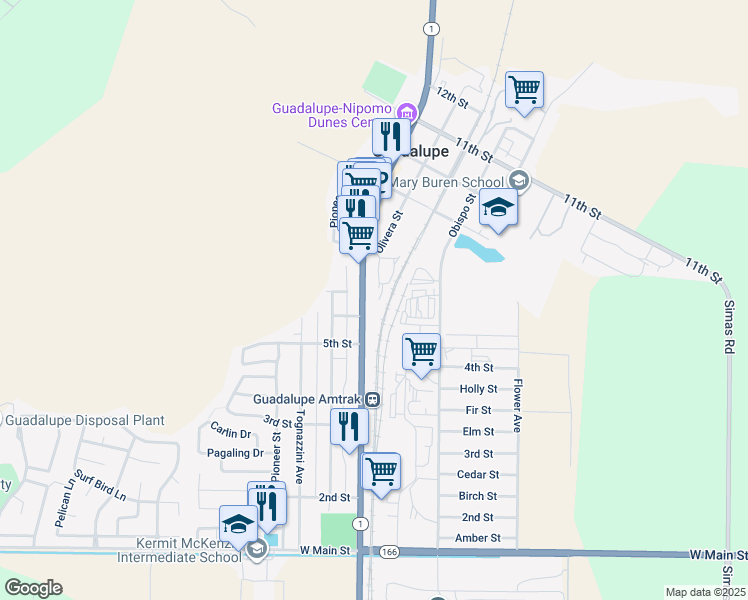 map of restaurants, bars, coffee shops, grocery stores, and more near 738 Olivera Street in Guadalupe