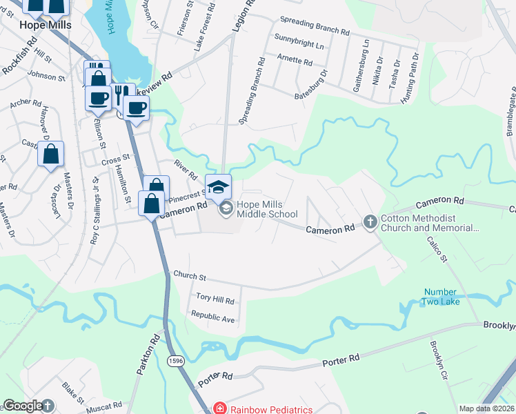 map of restaurants, bars, coffee shops, grocery stores, and more near 4924 Cameron Road in Hope Mills