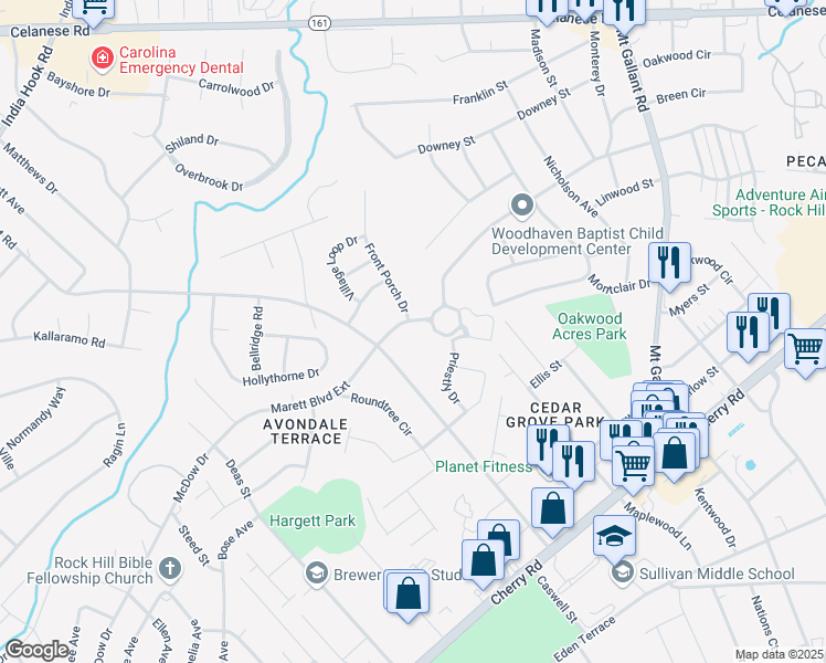 map of restaurants, bars, coffee shops, grocery stores, and more near 1800 Marett Boulevard Extension in Rock Hill