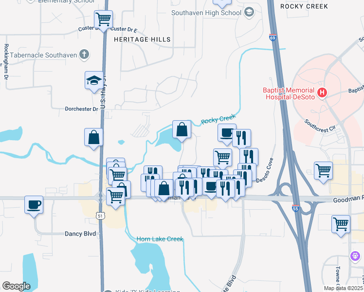 map of restaurants, bars, coffee shops, grocery stores, and more near 1000 Sutton Place in Horn Lake
