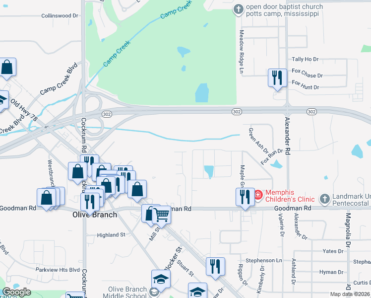 map of restaurants, bars, coffee shops, grocery stores, and more near 9476 Village Pointe in Olive Branch