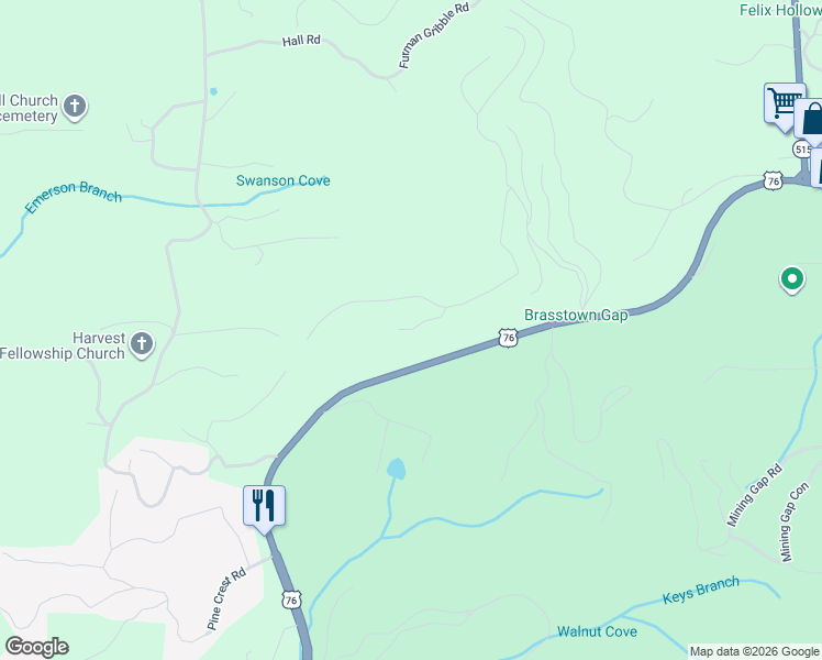 map of restaurants, bars, coffee shops, grocery stores, and more near 117 Harris Ridge Court in Young Harris