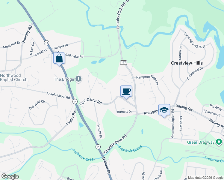 map of restaurants, bars, coffee shops, grocery stores, and more near 411 CCC Camp Road in Greer