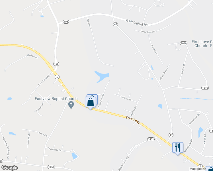 map of restaurants, bars, coffee shops, grocery stores, and more near 1101 Tools Fork Road in Rock Hill