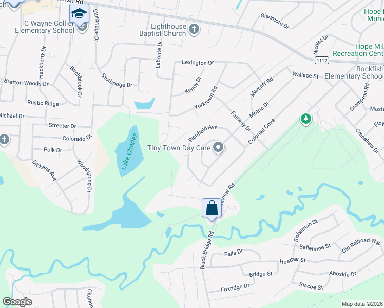 map of restaurants, bars, coffee shops, grocery stores, and more near 5965 Richfield Avenue in Hope Mills