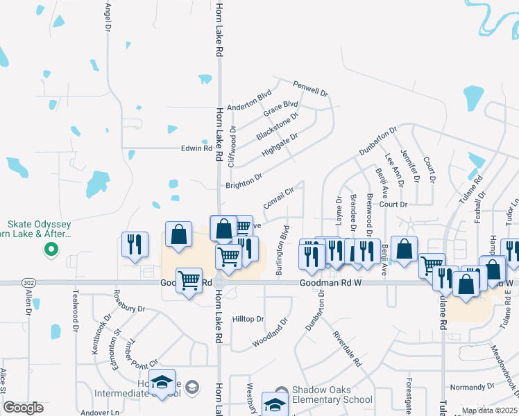 map of restaurants, bars, coffee shops, grocery stores, and more near 3864 Conrail Circle in Horn Lake
