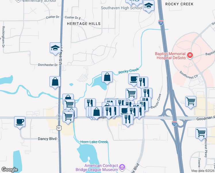 map of restaurants, bars, coffee shops, grocery stores, and more near 1000 Sutton Place in Horn Lake