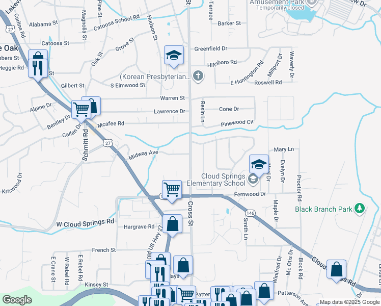 map of restaurants, bars, coffee shops, grocery stores, and more near 97 Edgewood Circle in Fort Oglethorpe