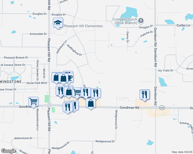 map of restaurants, bars, coffee shops, grocery stores, and more near 5475 Branchview Drive in Olive Branch