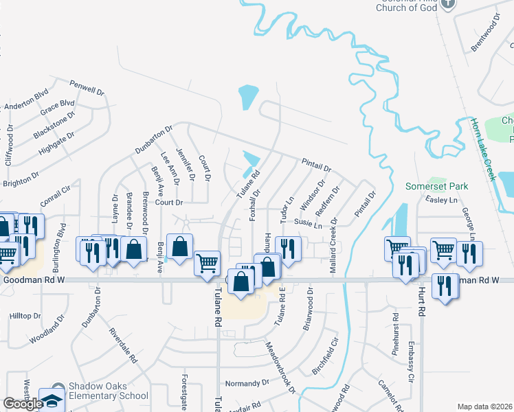 map of restaurants, bars, coffee shops, grocery stores, and more near 7058 Foxhall Drive in Horn Lake