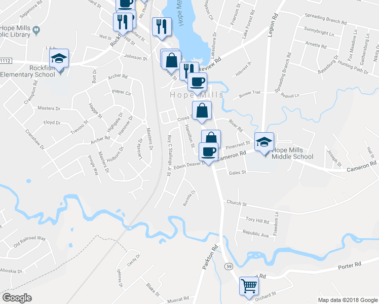 map of restaurants, bars, coffee shops, grocery stores, and more near 4051 William Bill Luther Drive in Hope Mills