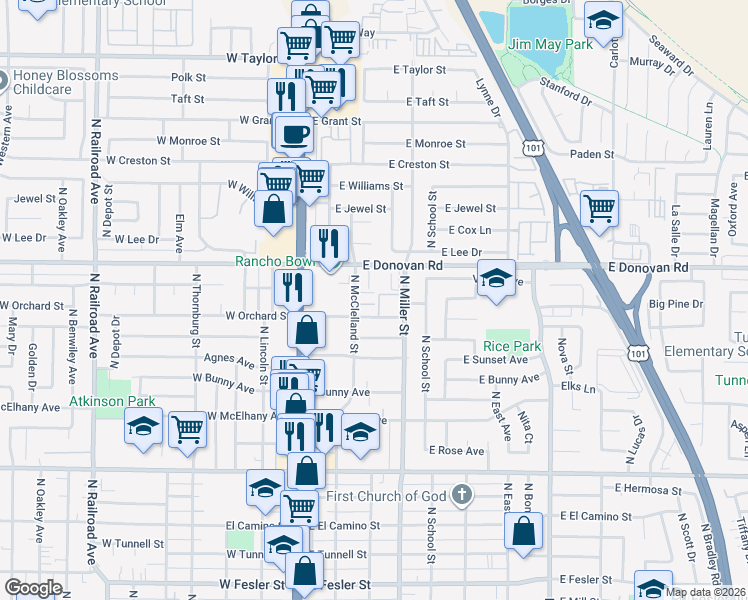 map of restaurants, bars, coffee shops, grocery stores, and more near 217 East Orchard Street in Santa Maria