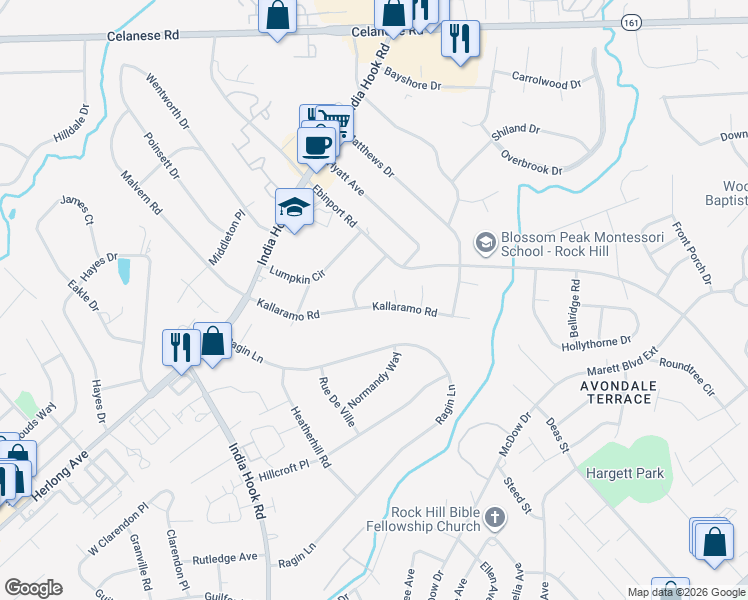 map of restaurants, bars, coffee shops, grocery stores, and more near 1686 Kallaramo Road in Rock Hill