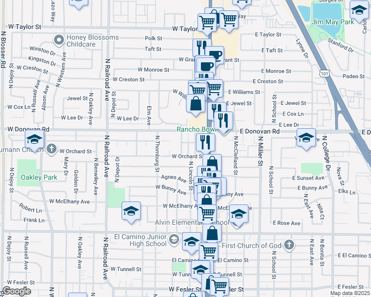 map of restaurants, bars, coffee shops, grocery stores, and more near 1414 North Pine Street in Santa Maria