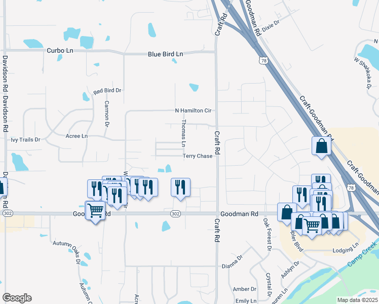 map of restaurants, bars, coffee shops, grocery stores, and more near 6836 Terry Chase in Olive Branch