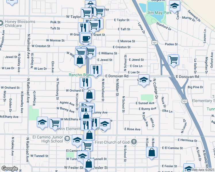 map of restaurants, bars, coffee shops, grocery stores, and more near 211 East Orchard Street in Santa Maria