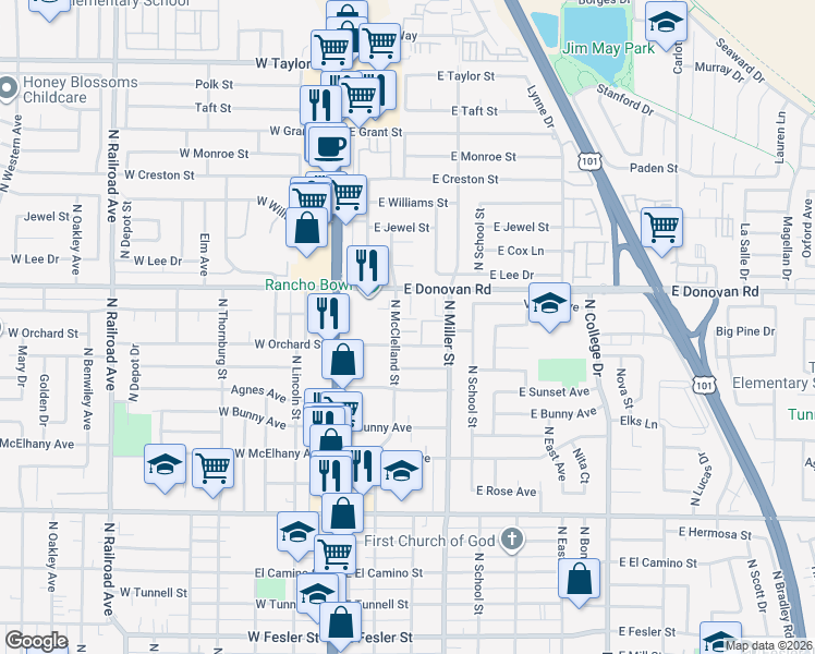map of restaurants, bars, coffee shops, grocery stores, and more near 207 East Orchard Street in Santa Maria