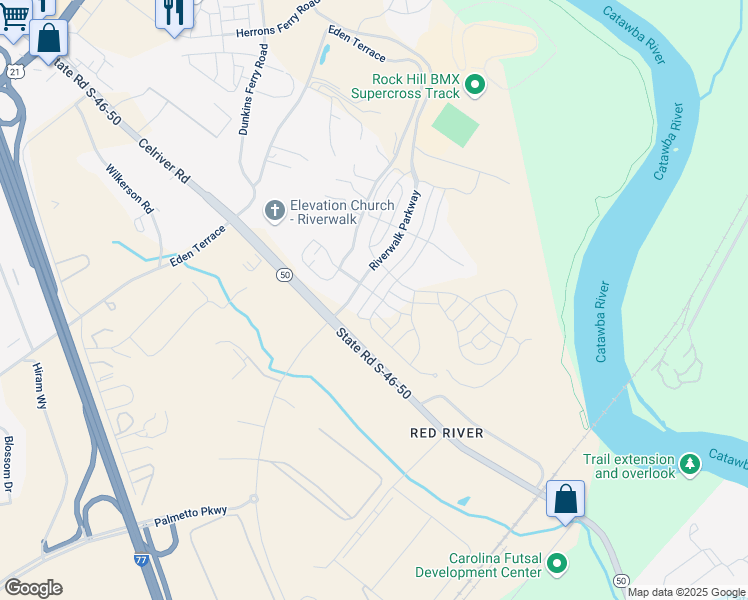 map of restaurants, bars, coffee shops, grocery stores, and more near 323 Luray Way in Rock Hill