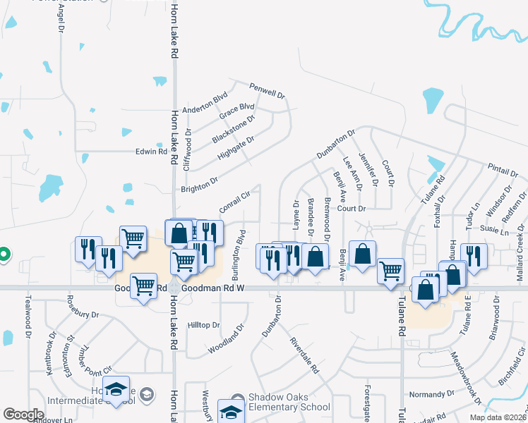 map of restaurants, bars, coffee shops, grocery stores, and more near 7264 Durango Drive in Horn Lake