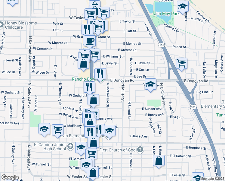 map of restaurants, bars, coffee shops, grocery stores, and more near 1415 North Miller Street in Santa Maria