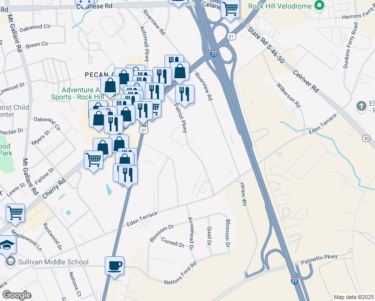 map of restaurants, bars, coffee shops, grocery stores, and more near 795 Patriot Parkway in Rock Hill