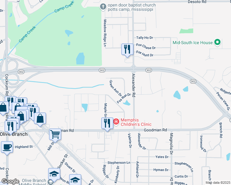 map of restaurants, bars, coffee shops, grocery stores, and more near 7305 Green Ash Drive in Olive Branch