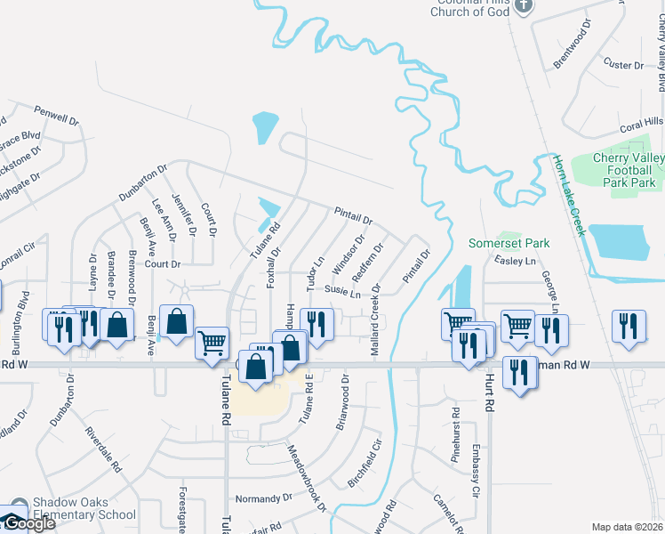map of restaurants, bars, coffee shops, grocery stores, and more near 7103 Windsor Drive in Horn Lake