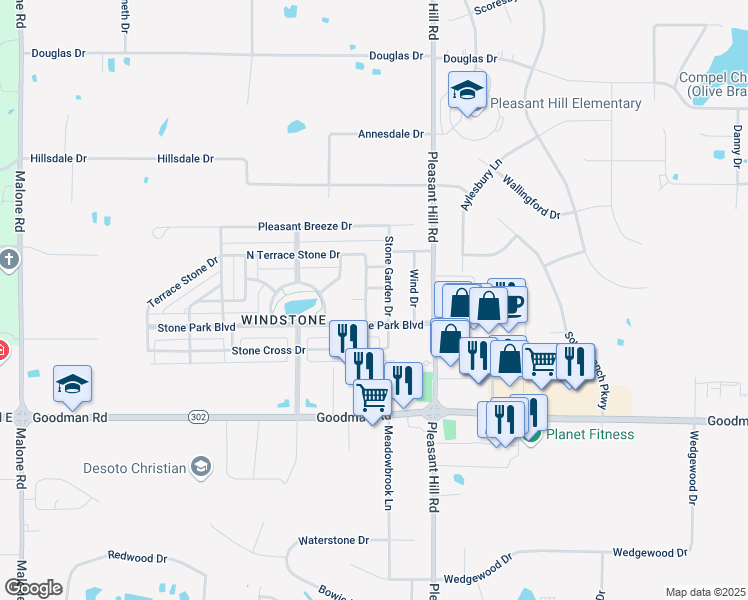 map of restaurants, bars, coffee shops, grocery stores, and more near 7266 Windsong Drive in Olive Branch