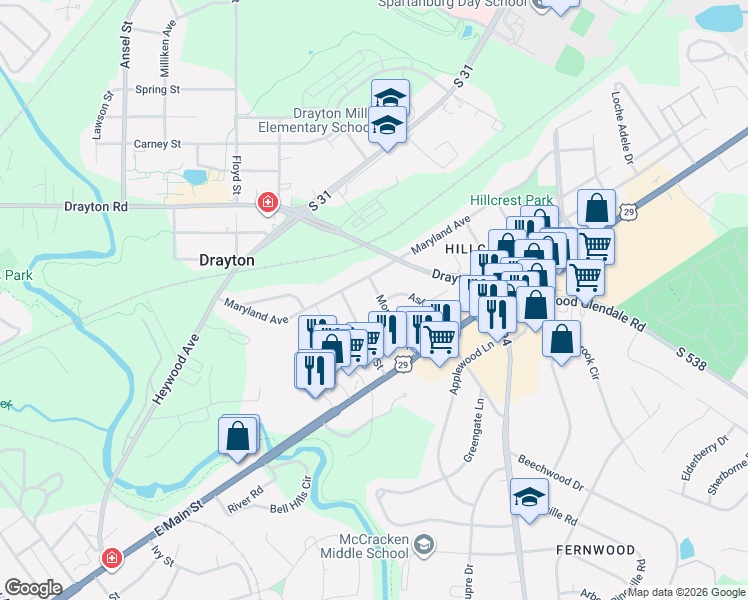 map of restaurants, bars, coffee shops, grocery stores, and more near 1285 Montview Street in Spartanburg