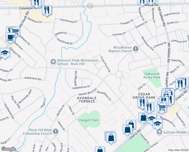 map of restaurants, bars, coffee shops, grocery stores, and more near 1379 Ebinport Road in Rock Hill