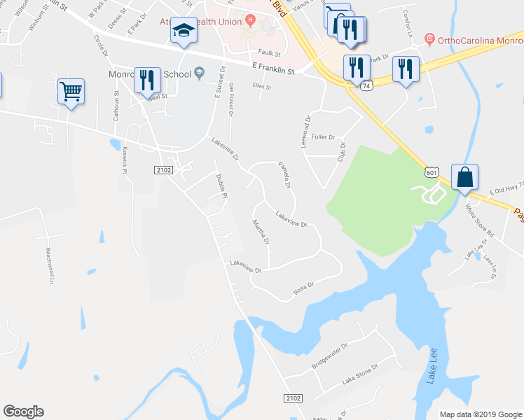 map of restaurants, bars, coffee shops, grocery stores, and more near 1600 Lakeview Drive in Monroe