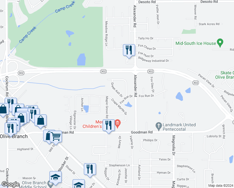 map of restaurants, bars, coffee shops, grocery stores, and more near 7305 Green Ash Drive in Olive Branch