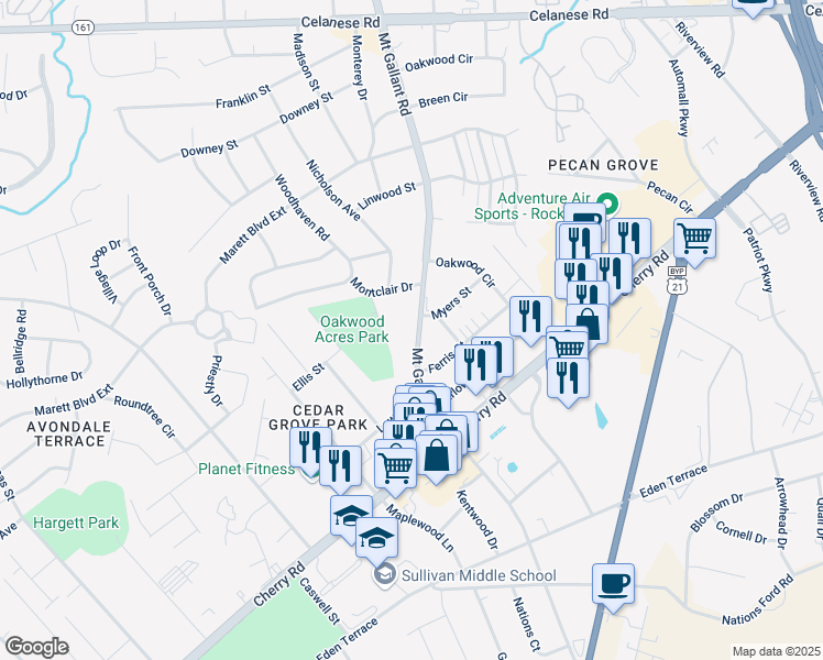 map of restaurants, bars, coffee shops, grocery stores, and more near 1131 Mount Gallant Road in Rock Hill