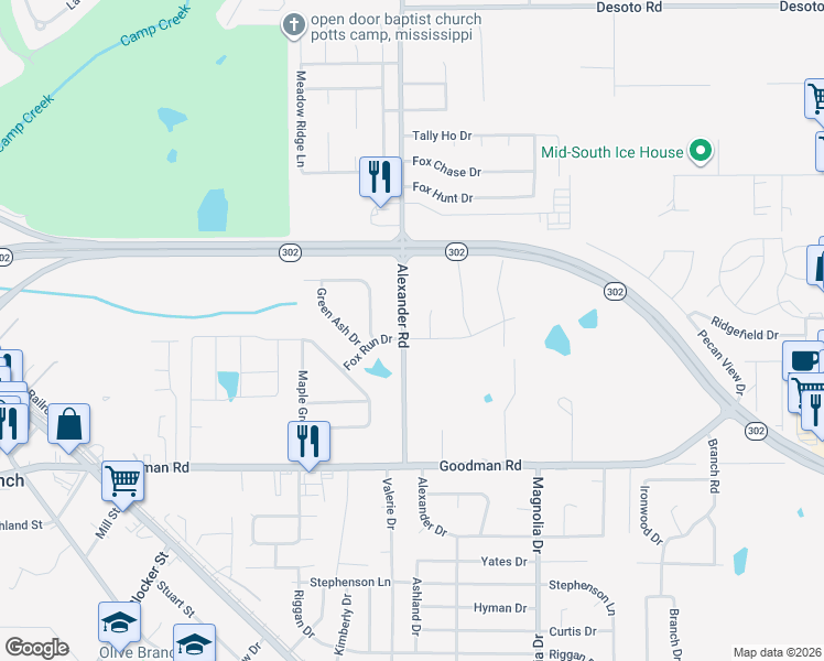 map of restaurants, bars, coffee shops, grocery stores, and more near 10200 Fox Run Drive in Olive Branch