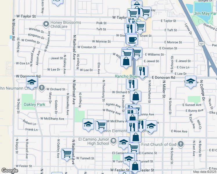map of restaurants, bars, coffee shops, grocery stores, and more near 1413 Catrina Way in Santa Maria