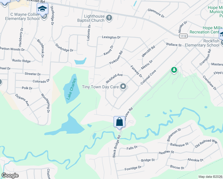 map of restaurants, bars, coffee shops, grocery stores, and more near 5965 Richfield Avenue in Hope Mills
