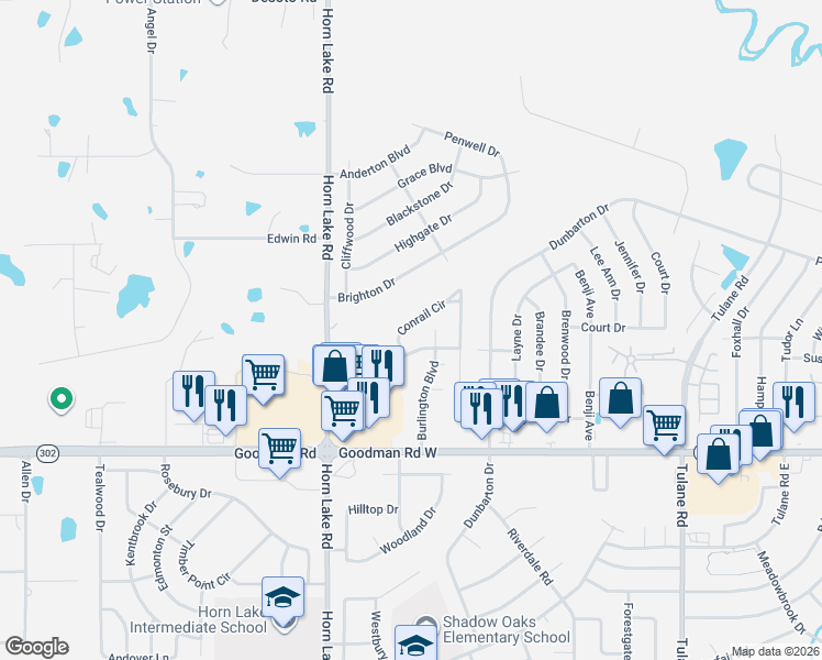 map of restaurants, bars, coffee shops, grocery stores, and more near 3799 Conrail Circle in Horn Lake