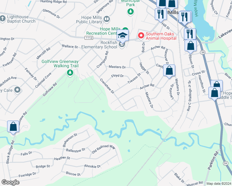 map of restaurants, bars, coffee shops, grocery stores, and more near 5759 Trevino Street in Hope Mills