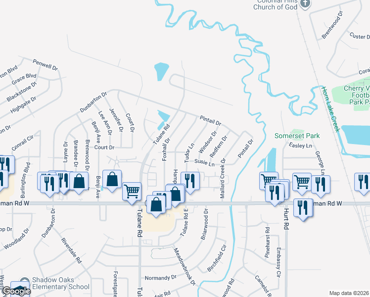 map of restaurants, bars, coffee shops, grocery stores, and more near 7082 Hampton Drive in Horn Lake