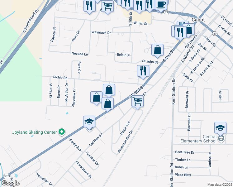 map of restaurants, bars, coffee shops, grocery stores, and more near 203 Kilgore Drive in Cabot