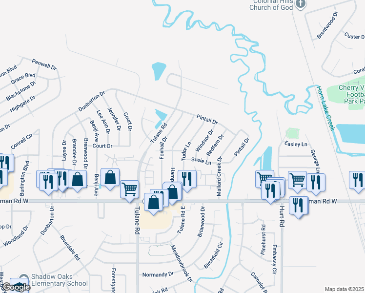 map of restaurants, bars, coffee shops, grocery stores, and more near 7077 Tudor Lane in Horn Lake