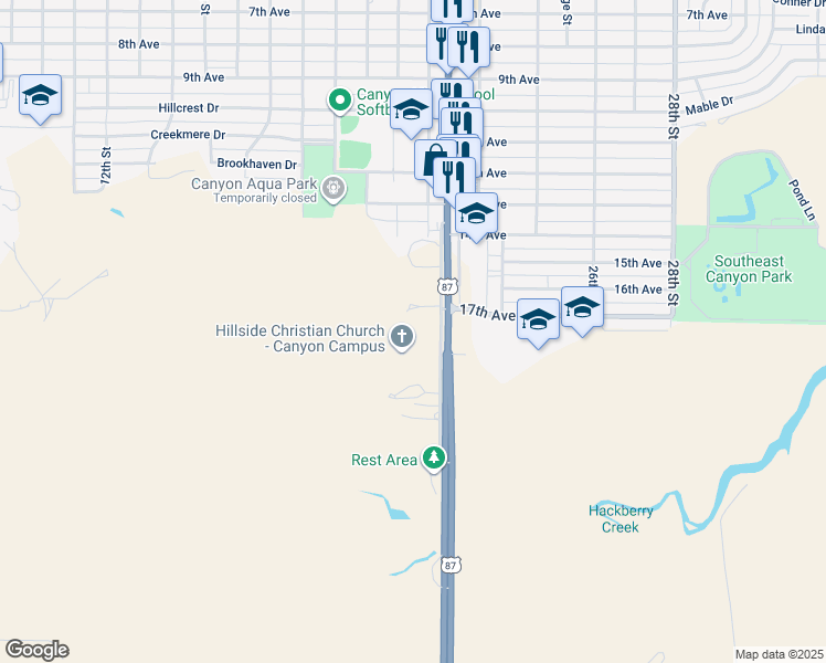 map of restaurants, bars, coffee shops, grocery stores, and more near 24200 U.S. 87 in Canyon