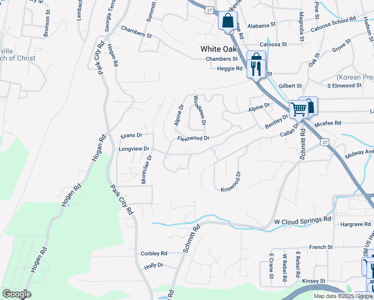 map of restaurants, bars, coffee shops, grocery stores, and more near 241 Longview Drive in Rossville