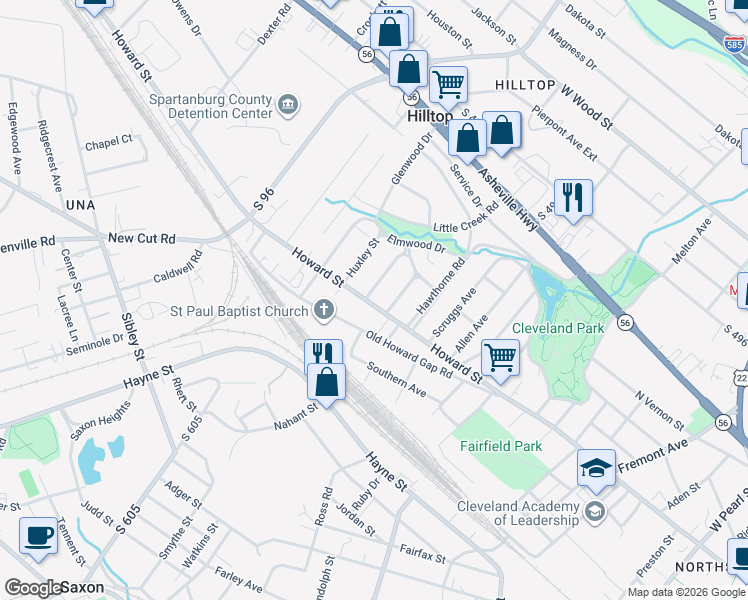 map of restaurants, bars, coffee shops, grocery stores, and more near 125 Wayland Street in Spartanburg