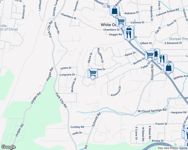 map of restaurants, bars, coffee shops, grocery stores, and more near 241 Longview Drive in Rossville