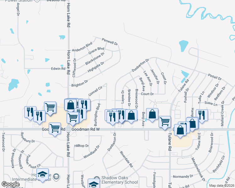 map of restaurants, bars, coffee shops, grocery stores, and more near 7160 Dunbarton Drive in Horn Lake