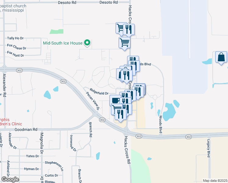 map of restaurants, bars, coffee shops, grocery stores, and more near 10860 Ridgefield Drive in Olive Branch