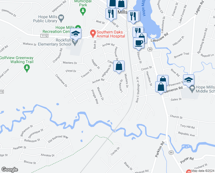 map of restaurants, bars, coffee shops, grocery stores, and more near 3512 Holborn Drive in Hope Mills
